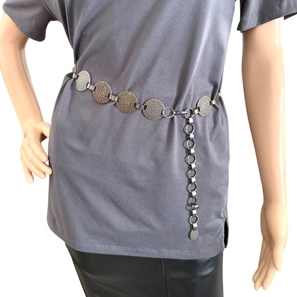 Vintage Hammered Metal Disc Chain Belt Adjustable Length Bronze & Silver Tones - Picture 11 of 11